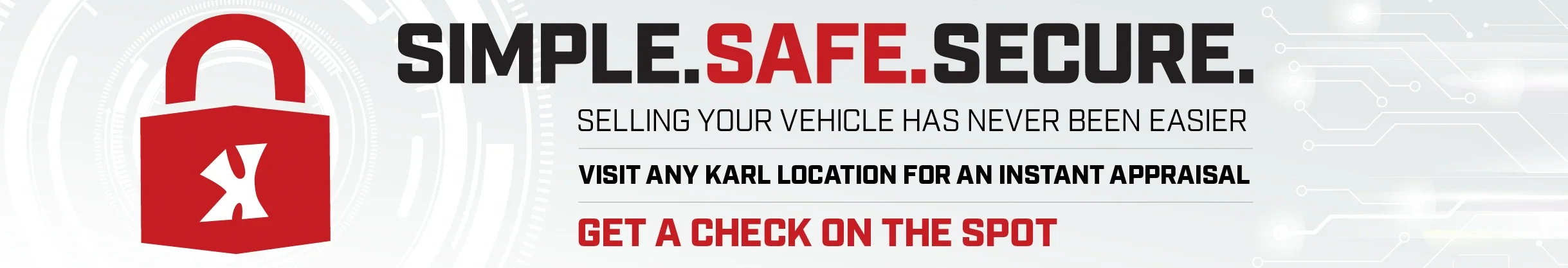 A red padlock with a white 'x' on it; text reads 'SIMPLE. SAFE. SECURE. Selling your vehicle has never been easier.'