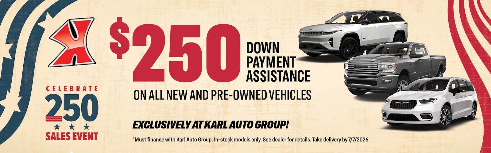 $250 Down Payment Assistance at Karl Chrysler Dodge Jeep Ram of Marshalltown in Marshalltown IA